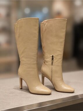 Sam Edelman Shauna Knee High Heeled Boots NWOB Beige Leather Size 8.5 Luxury